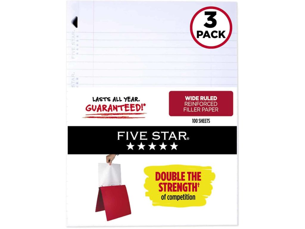 Five Star Loose Leaf Paper, 3 Hole Punched, Reinforced Filler Paper, Wide Ruled, 10-1/2 x 8 inches, 100 Sheets/Pack, 3 Pack (38033), White