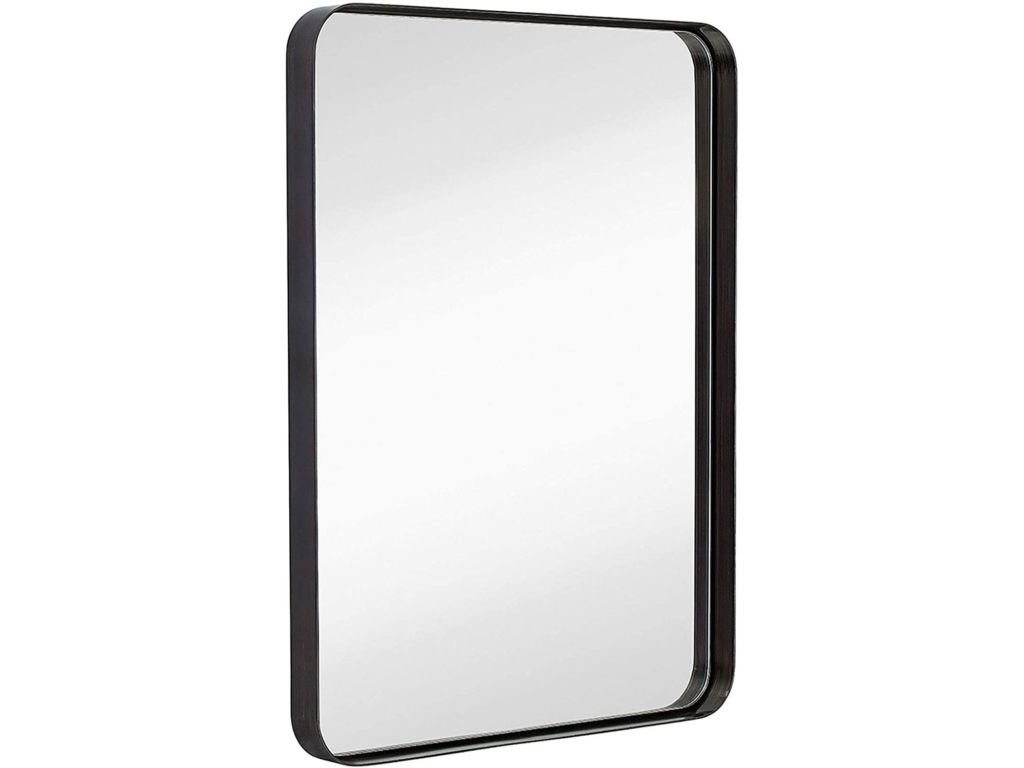 Hamilton Hills Contemporary Brushed Metal Wall Mirror | Glass Panel Black Framed Rounded Corner Deep Set Design | Mirrored Rectangle Hangs Horizontal or Vertical (22" x 30")