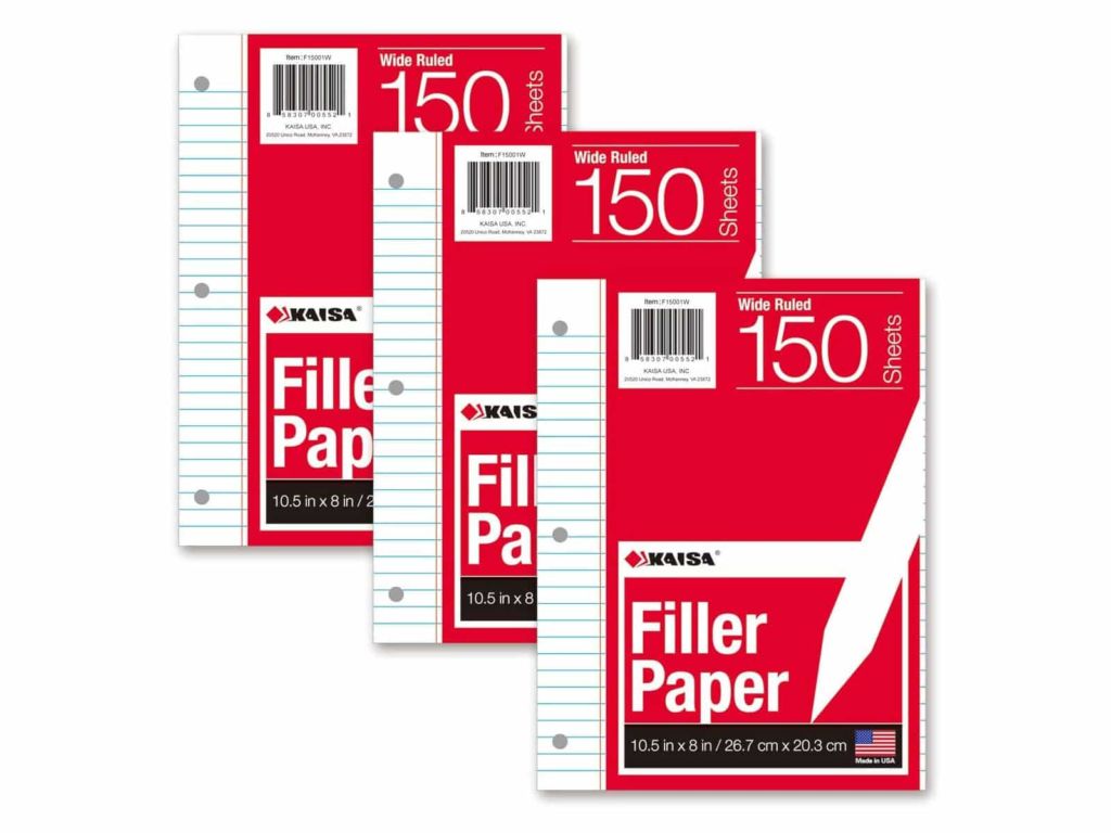 Kaisa Loose Leaf Paper Filler Paper 150 Sheets 8"x10.5", Wide Ruled, 3-Hole Punched for 3-Ring Binders