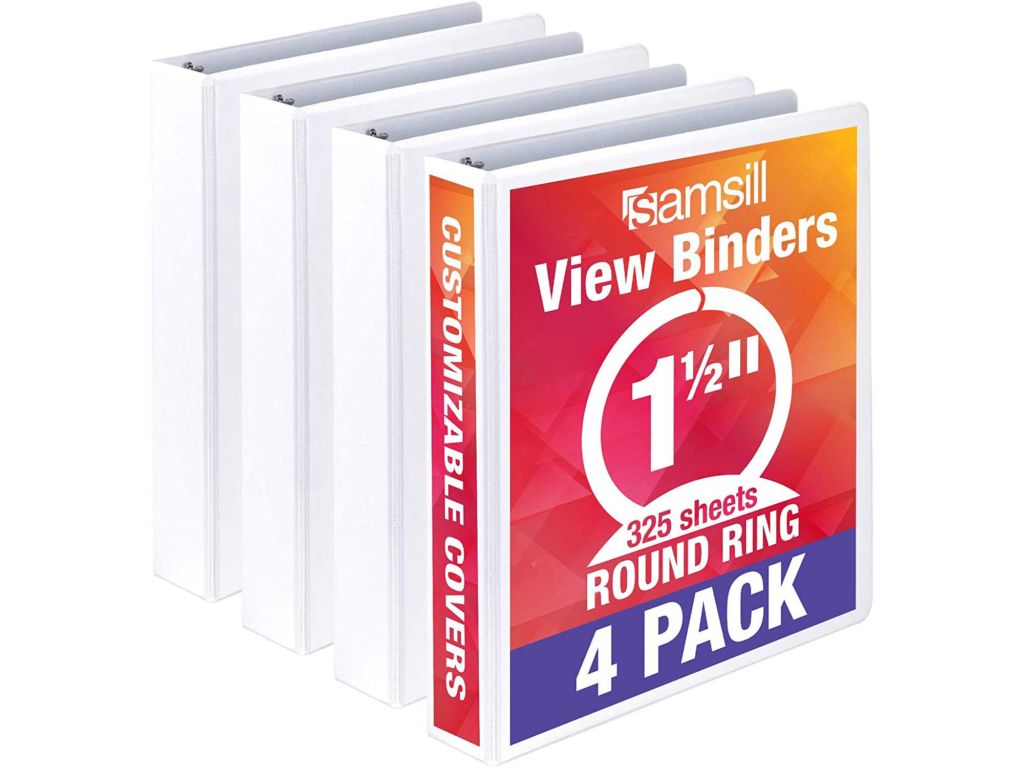 Samsill Economy 3 Ring View Binder Organizer, 1.5 Inch Round Ring Binder, Customizable Clear View Cover, White Bulk Binder 4 Pack (MP48557)