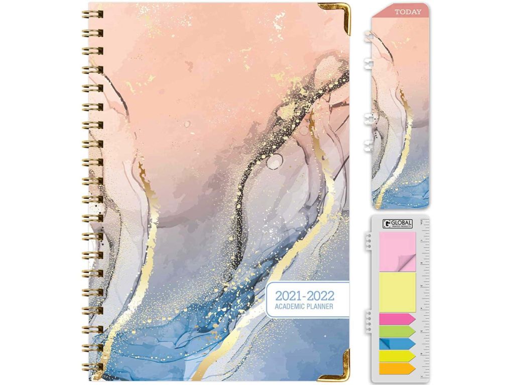 HARDCOVER Academic Year 2021-2022 Planner: (June 2021 Through July 2022) 5.5"x8" Daily Weekly Monthly Planner Yearly Agenda. Bookmark, Pocket Folder and Sticky Note Set (Colorful Marble)