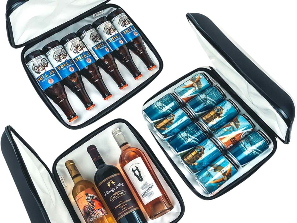 Bottles of wine and alcohol inside tote carriers.