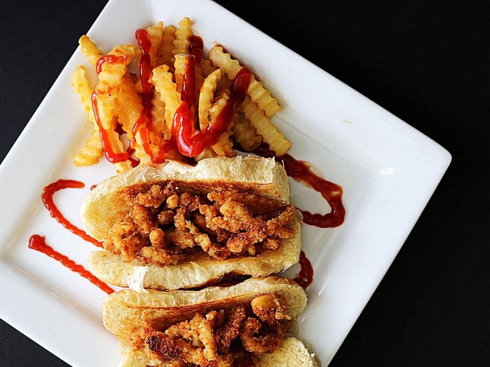 clam roll, fried clam strips, french fries