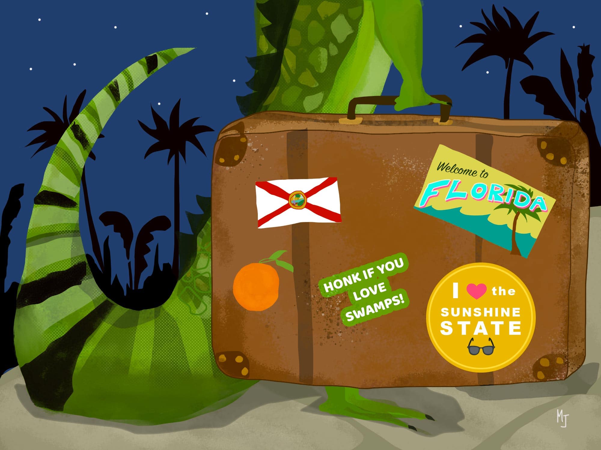 Illustrated iguana holding a suitcase