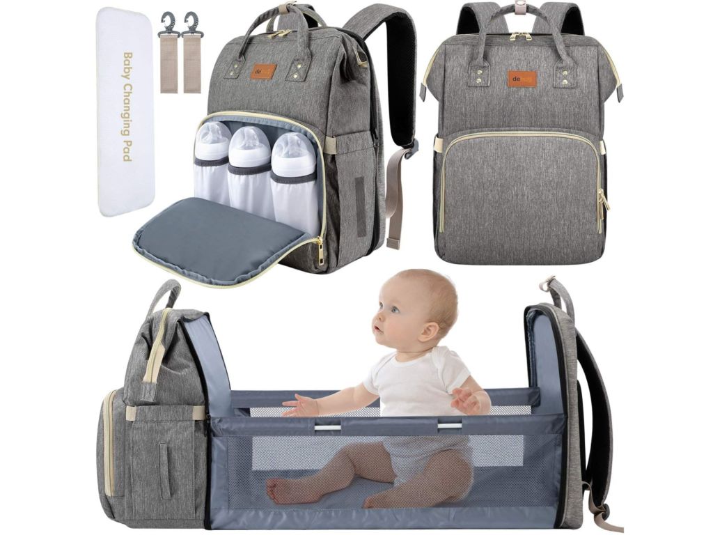 DEBUG Baby Diaper Bag Backpack with Changing Station Diaper Bags for Baby Bags for Boys Girl Diaper Bag with Bassinet Bed Mat Pad Men Dad Mom Travel Waterproof Stroller Straps Large Capacity Grey