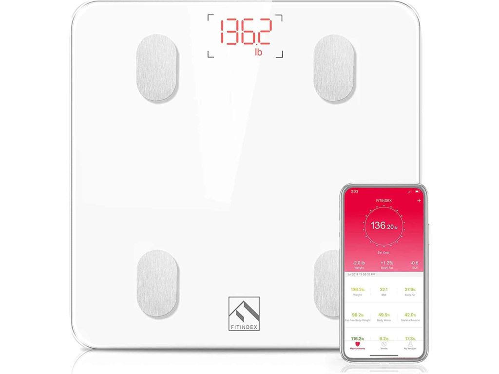 FITINDEX Bluetooth Body Fat Scale, Smart Wireless BMI Bathroom Weight Scale Body Composition Monitor Health Analyzer with Smartphone App for Body Weight, Fat, Water, BMI, BMR, Muscle Mass - White