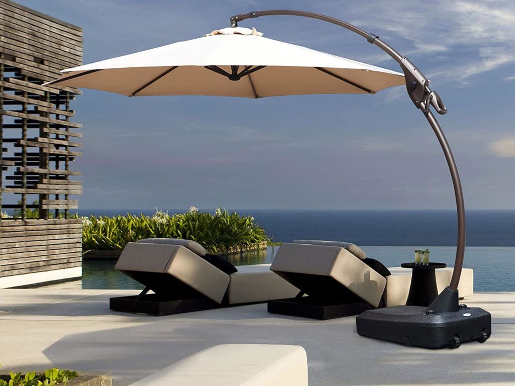 Grand Patio Deluxe NAPOLI 11 FT Curvy Aluminum Offset Umbrella, Patio Cantilever Umbrella with Base, Champagne