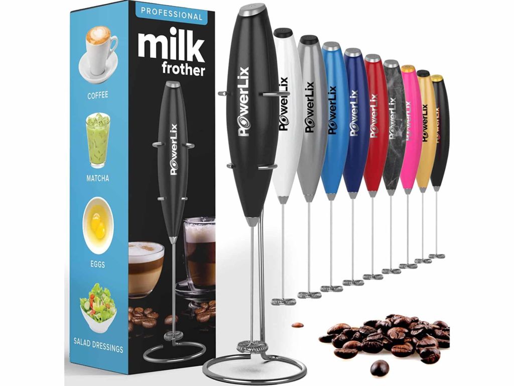 PowerLix Milk Frother Handheld Battery Operated Electric Whisk Foam Maker For Coffee, Latte, Cappuccino, Hot Chocolate, Durable Mini Drink Mixer With Stainless Steel Stand Included (Black)
