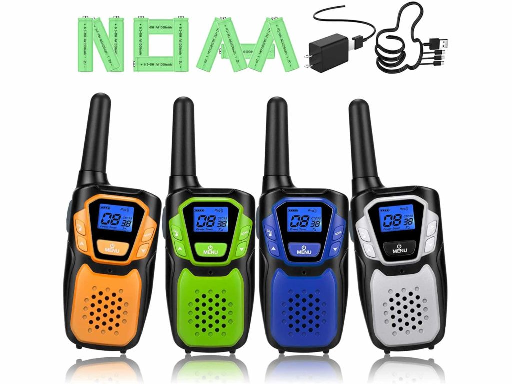 Walkie Talkies Rechargeable, 4 Pack Easy to Use Long Range Walky Talky for Adults Handheld Two Way Radio with NOAA for Hiking Camping (Blue & Silver & Green & Orange with Micro-USB Charger/Battery)