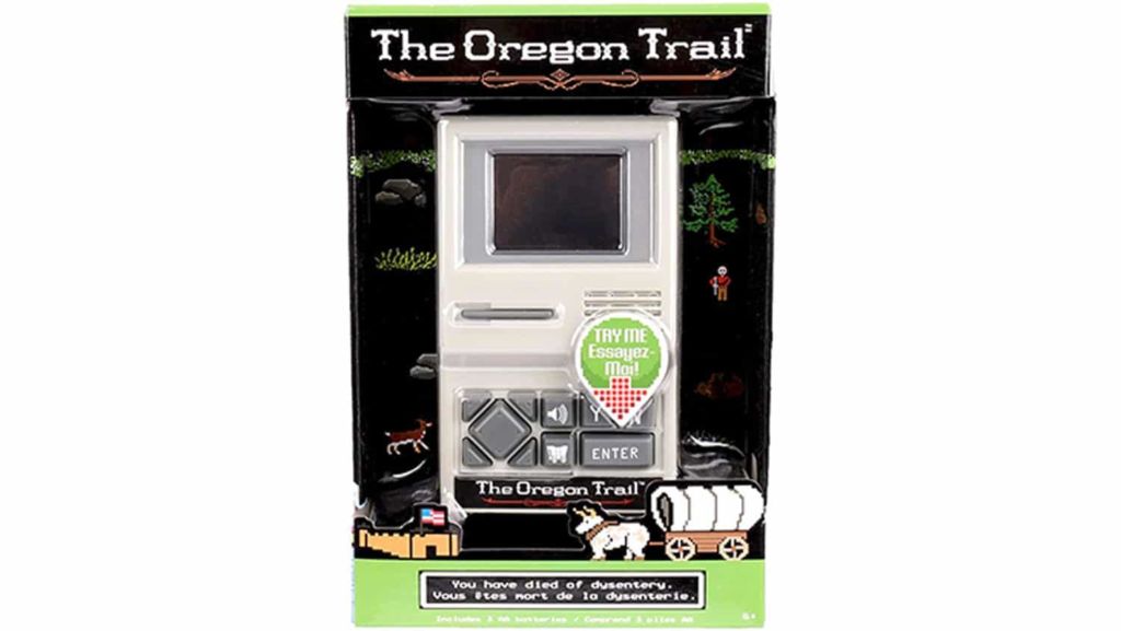 Based on the computer game, this handheld version features the original ‘80s graphics and sounds. Three AAA batteries included.