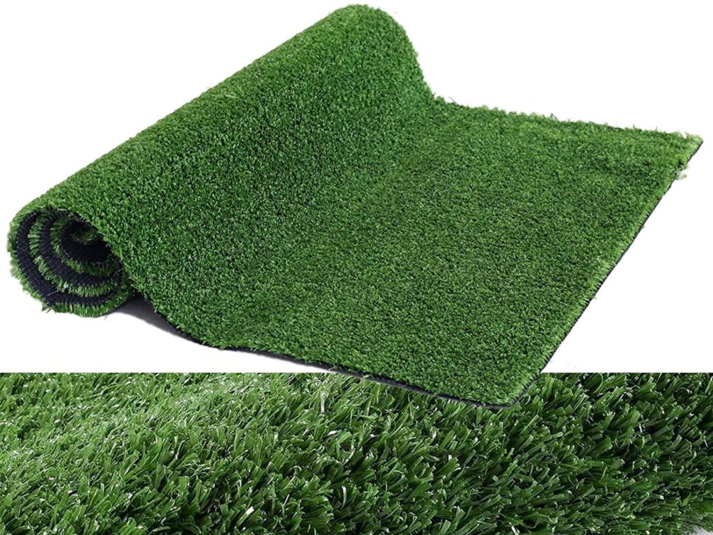 This turf is available in a wide variety of sizes up to 13 by 82 feet.