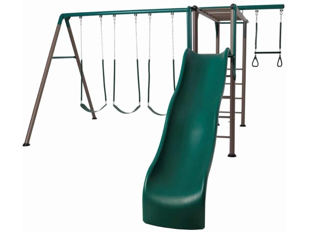 It includes three belt swings, one trapeze bar with gym rings and more.