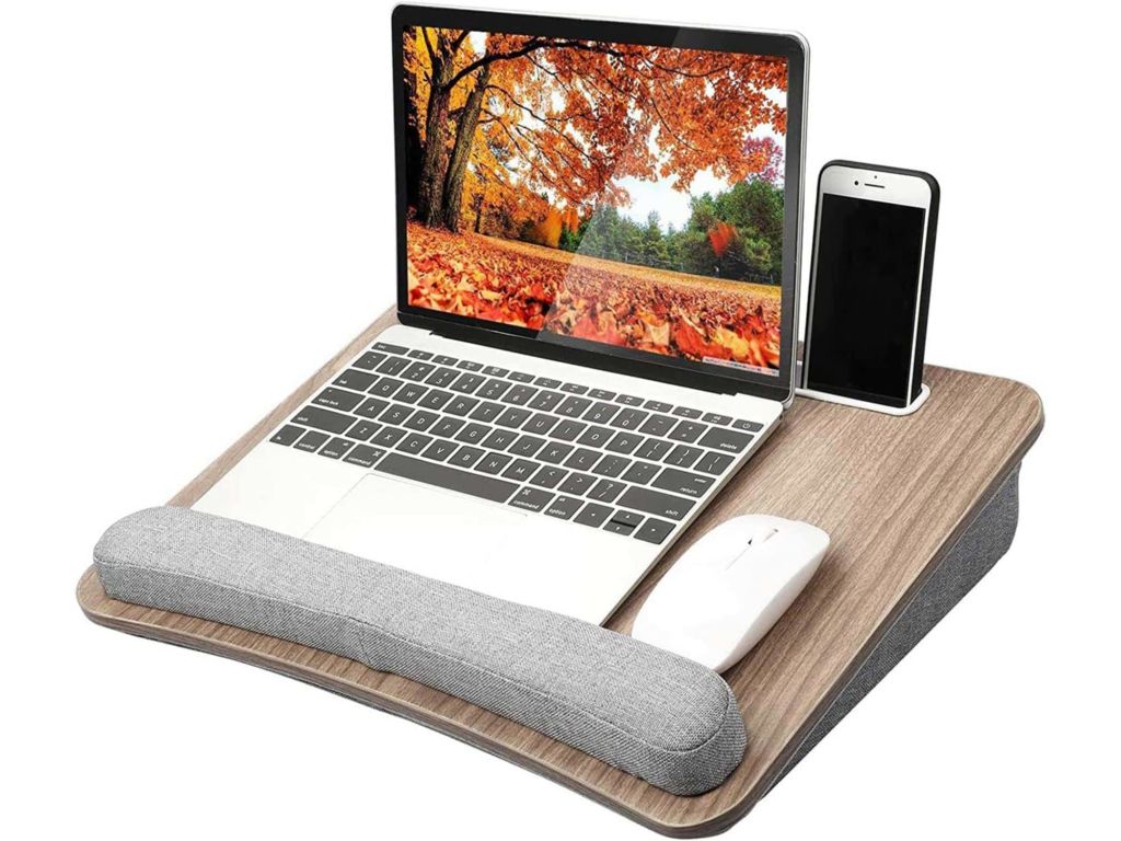 There's room for a mouse and smartphone on this woodgrain surface in addition to your PC.