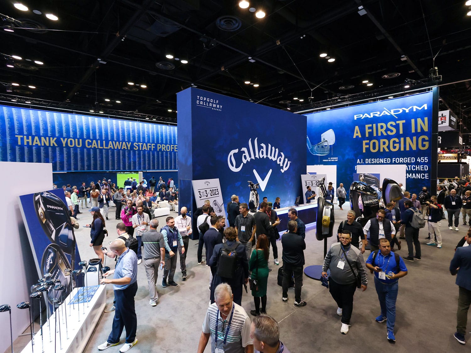 An aerial view of the floor at the 2023 PGA Show in Orlando, FL, where all of the biggest and newest names in golf gear displayed their products.