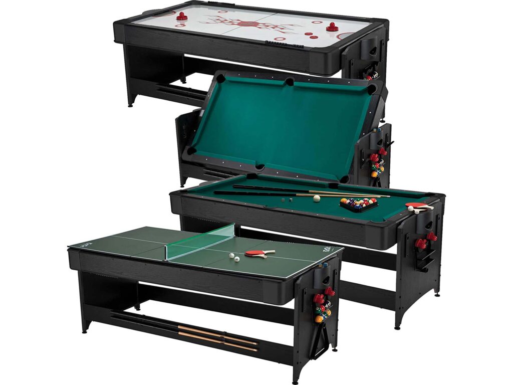 This tri-fold table can be switched up in mere seconds to feature either a billiards, air hockey or table tennis game. It includes pool cues, billiard balls, hockey pucks and every other gadget you need to play the games.
