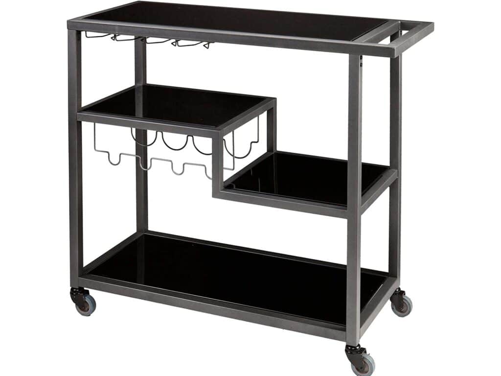 This model boasts multiple shelves that can accommodate a great selection of bottles and glasses in a compact offering.