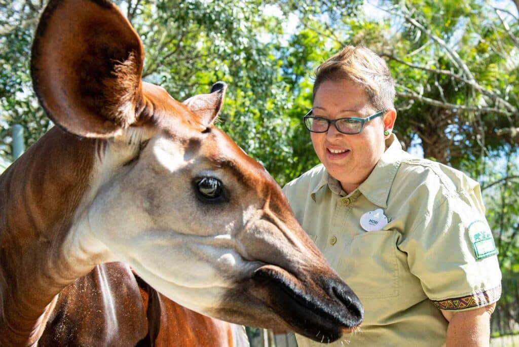 Cast members and animals mingle at the theme park.