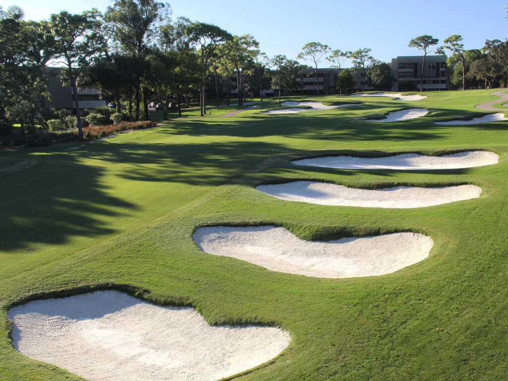 An aerial view of the Copperhead Course’s 18th hole sand traps and green at Innisbrook Golf Resort in Palm Harbor, Florida.