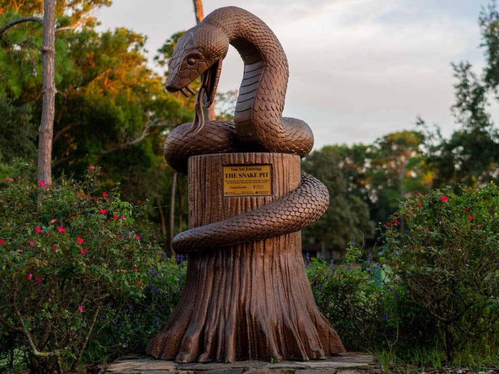 A decorative copperhead snake statue welcomes golfers to the “Snake Pit” at Innisbrook Golf Resort in Palm Harbor, Florida.