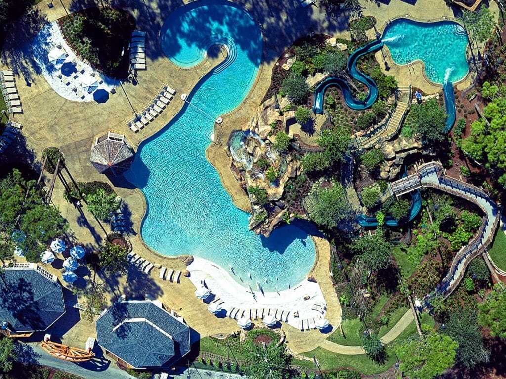 An aerial drone’s eye view of the Loch Ness Pool at Innisbrook Golf Resort in Palm Harbor, Florida.