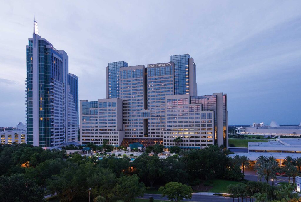 The Hyatt Regency Orlando sits adjacent to the Orange County Convention Center.