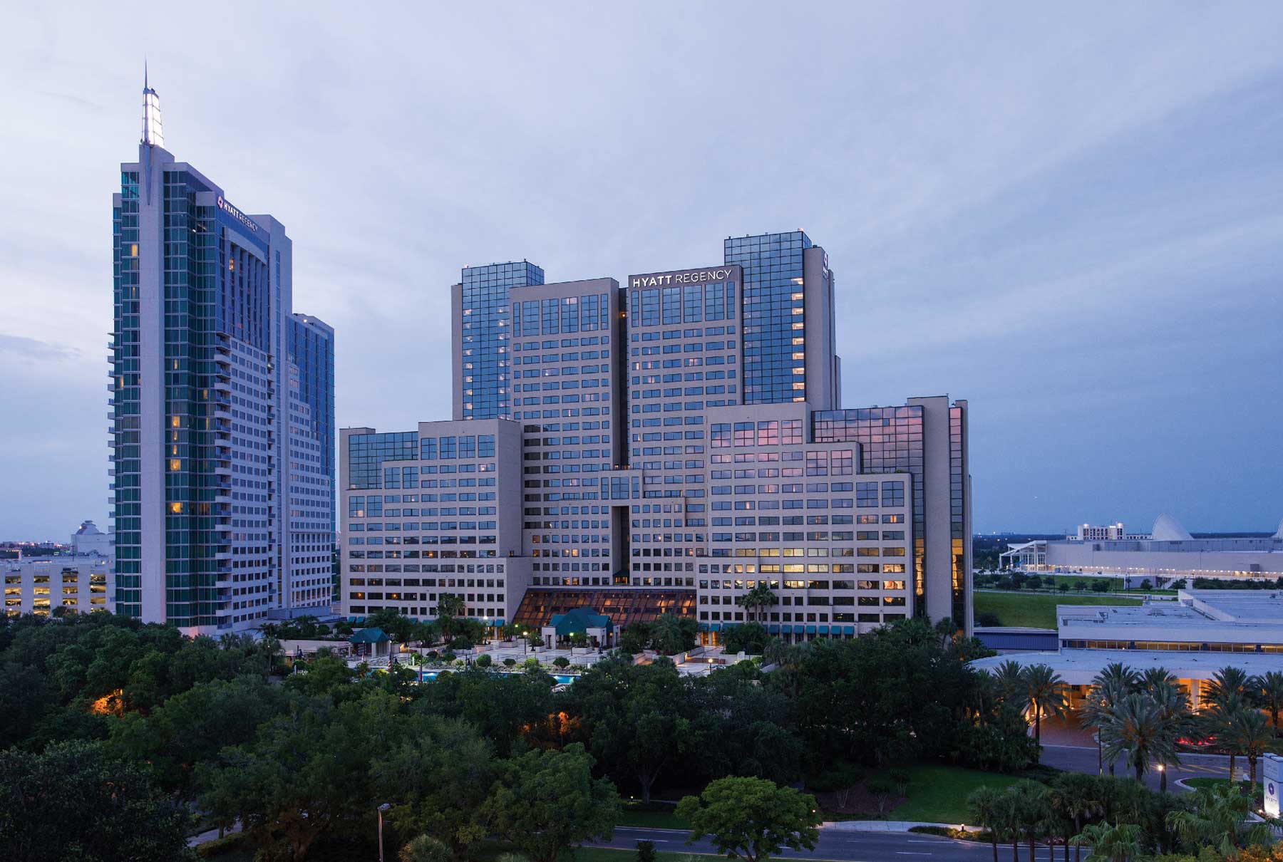 The Hyatt Regency Orlando sits adjacent to the Orange County Convention Center.