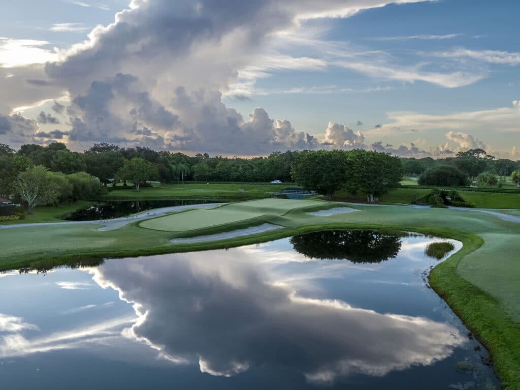 The 18th hole at The Match golf course at the PGA National resort in Palm Beach Gardens, Florida.
