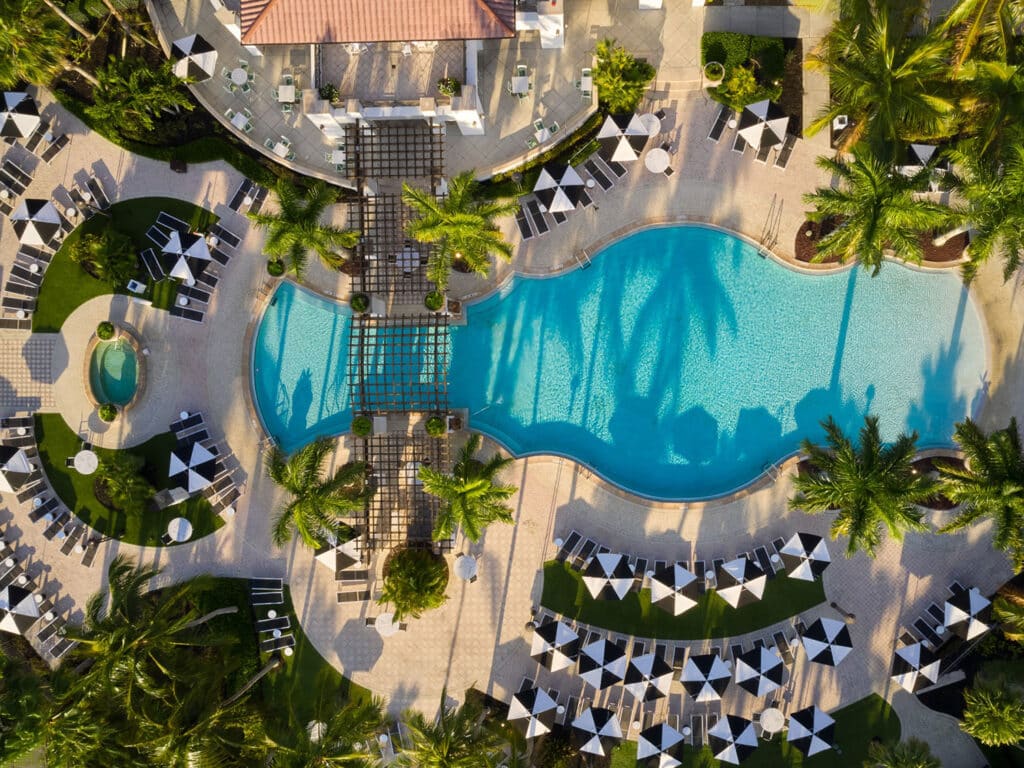 An aerial view of the pool at the PGA National resort in Palm Beach Gardens, Florida.