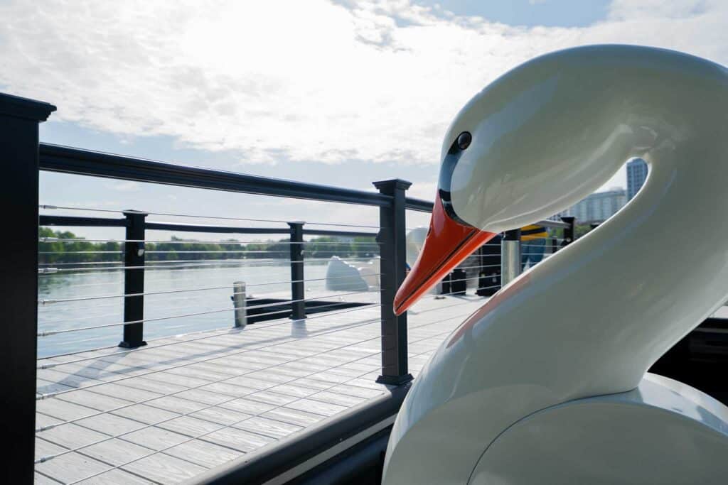 The swan boats await guests at Lake Eola.