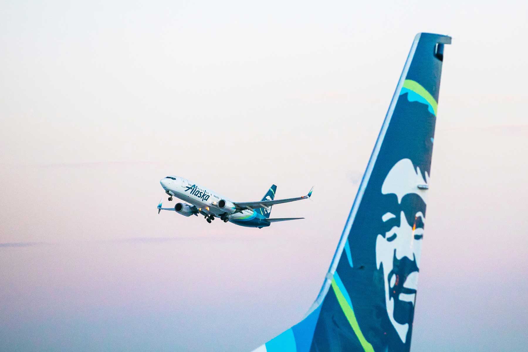 An Alaska Airlines plane takes flight