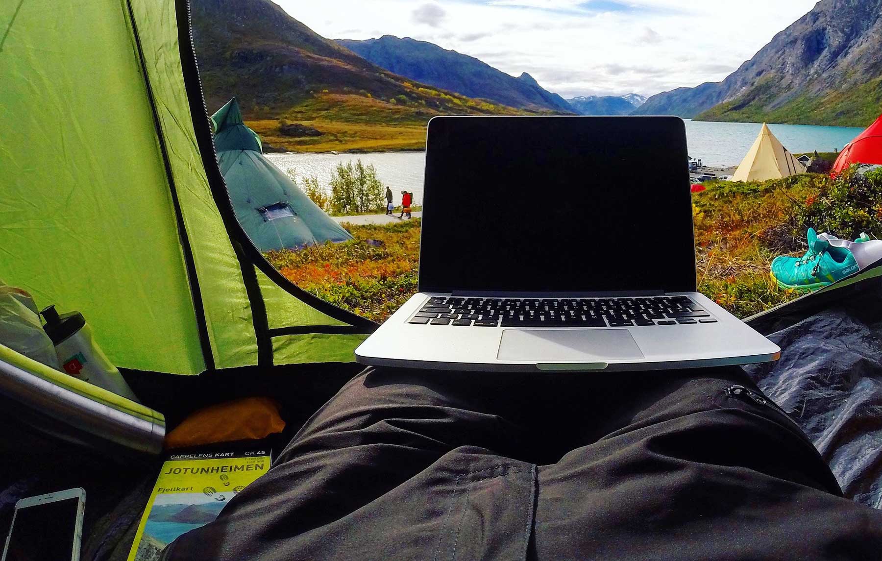 Laptop inside a camping tent