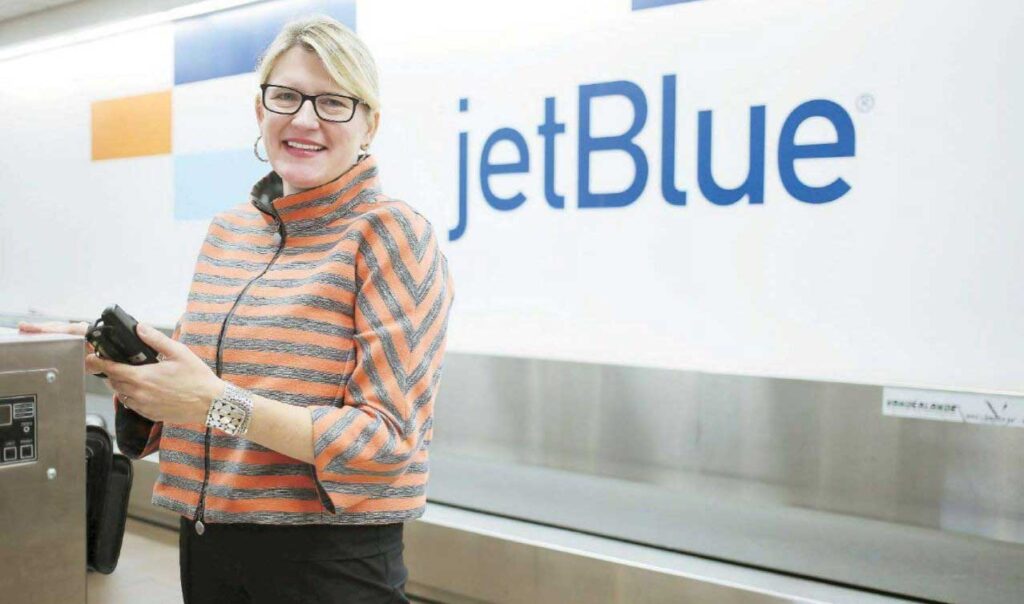 Joanna Geraghty at a JetBlue counter