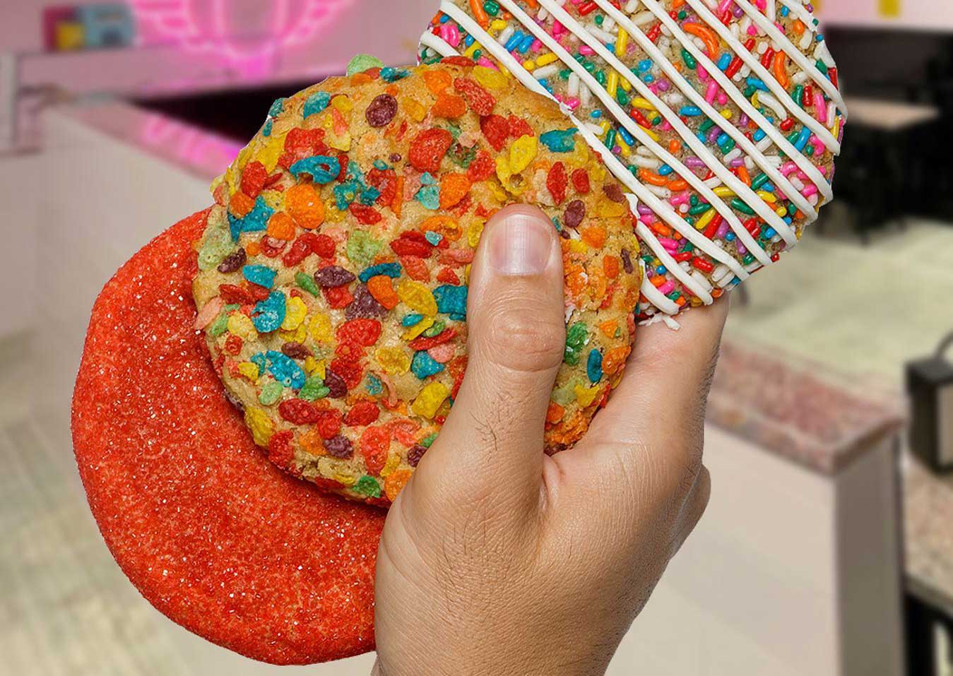 Hand holding a sample of colorful cookies