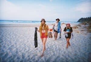 A small group of friends on the beach Caption: For safety, pick a spot on the beach where ther